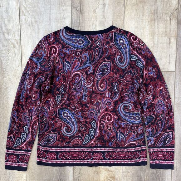 Talbots Women Cardigan Button Up Size L Navy Paisley Office Holiday Preppy Artsy - Picture 6 of 10